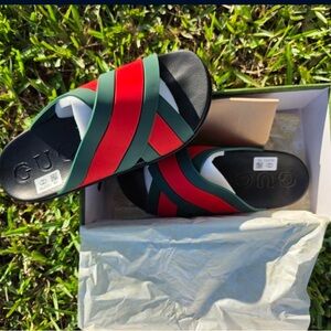 Gucci Black Slides with Red and Green Straps